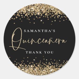 Gold Glitzer Name Quinceañera Danke, Black Runder Aufkleber
