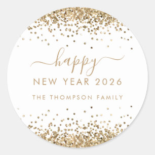 Gold Glitzer Name White Happy New Year 2026 Runder Aufkleber