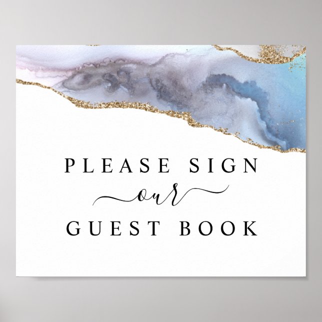 Gold Glitzer & Navy Blue Agate Guest Book Sign Poster (Vorne)