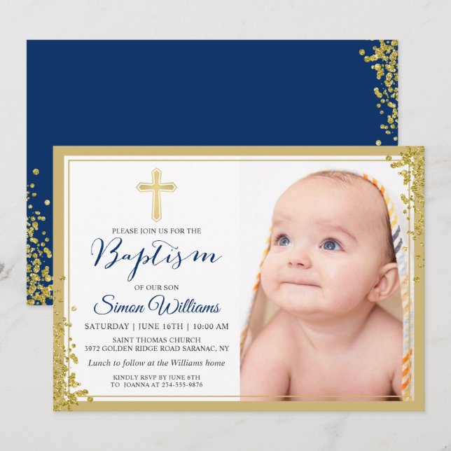 Gold Glitzer Navy Blue Boy Taufe Foto Einladung (Vorne/Hinten)