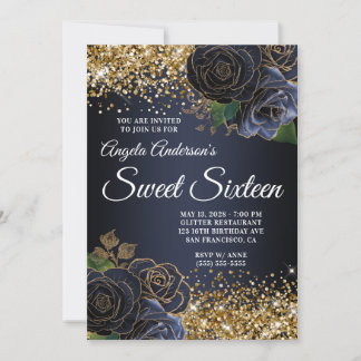 Gold Glitzer Navy Blue Floral Glam 16 . Geburtstag Einladung