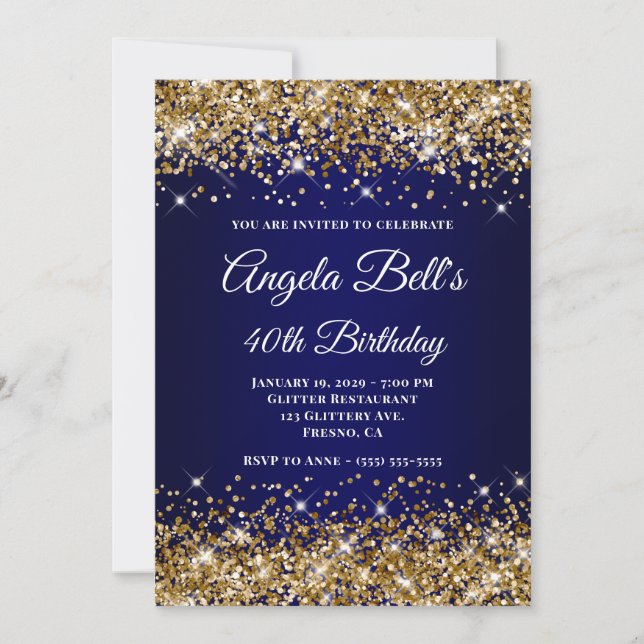 Gold Glitzer Navy Blue Monogram 40. Geburtstag Einladung (Vorderseite)