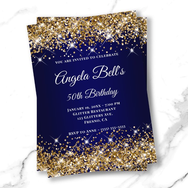 Gold Glitzer Navy Blue Ombre Extravagant Monogram Einladung (Gold Glitter Navy Blue Ombre Fancy Monogram Invitation)