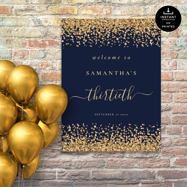 Gold Glitzer Navy Blue Script Willkommen 30. Party Poster (Von Creator hochgeladen)
