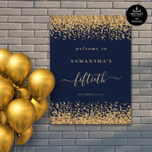 Gold Glitzer Navy Blue Script Willkommen 50. Party