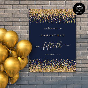 Gold Glitzer Navy Blue Script Willkommen 50. Party Poster