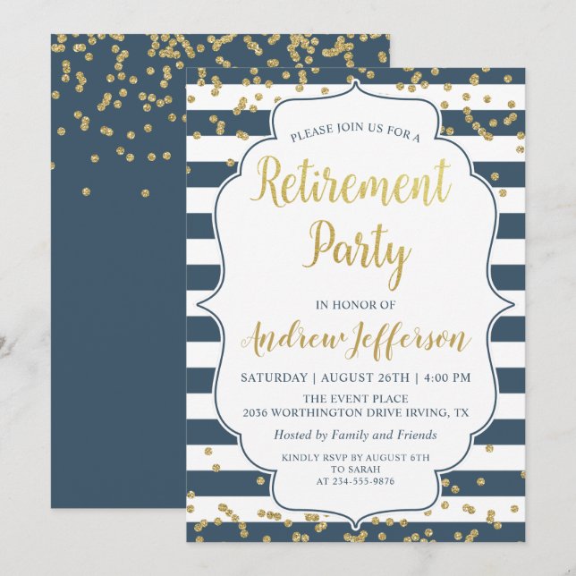 Gold Glitzer Navy Blue Surprise Retirement Party Einladung (Vorne/Hinten)