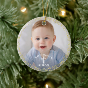 Gold Glitzer Navy Blue Wreath Taufe Foto Keramik Ornament