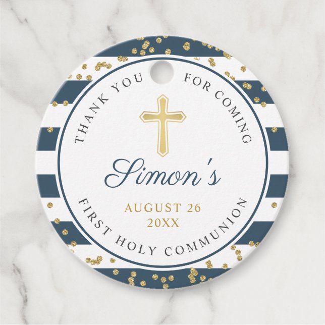 Gold Glitzer Navy Stripes Erste Heilige Kommune Geschenkanhänger (Vorderseite)