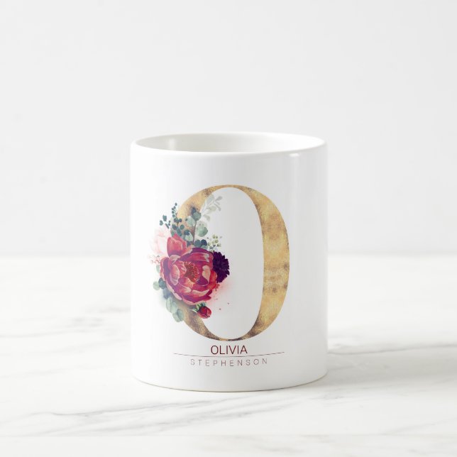 Gold Glitzer O Monogram Floral Burgund Red Kaffeetasse (Mittel)