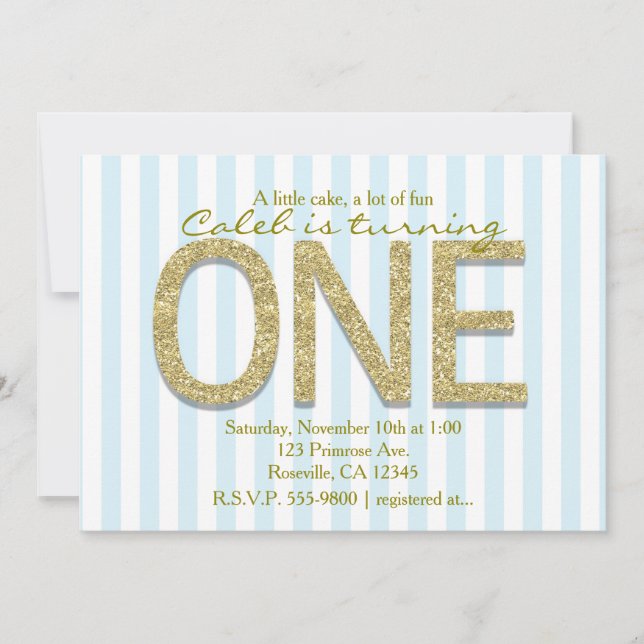 GOLD GLITZER ONE Blue Strip 1. Party Einladung (Vorderseite)