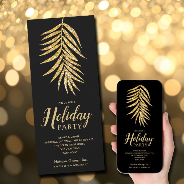 Gold Glitzer Palm auf Black Christmas Party Einladung (Gold Glitter Palm on Black Christmas Party Invitations - INSTANT DOWNLOAD and/or PRINTED)