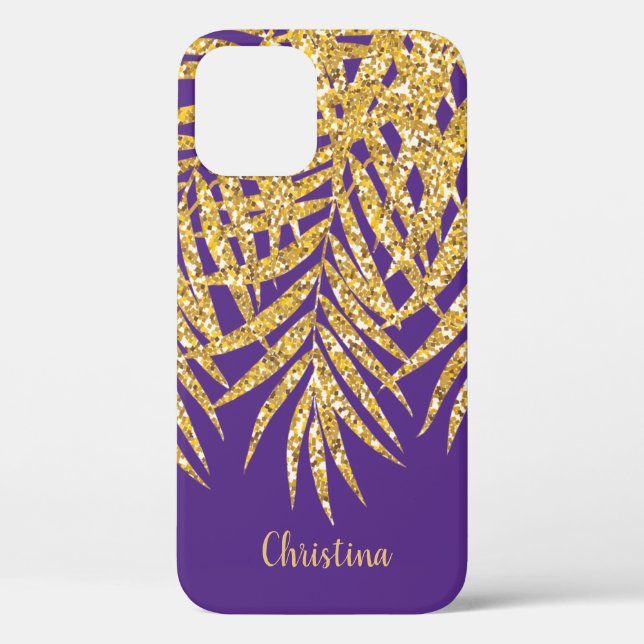 Gold Glitzer Palm Fronds Name Personalisiert Lila Case-Mate iPhone Hülle (Rückseite)