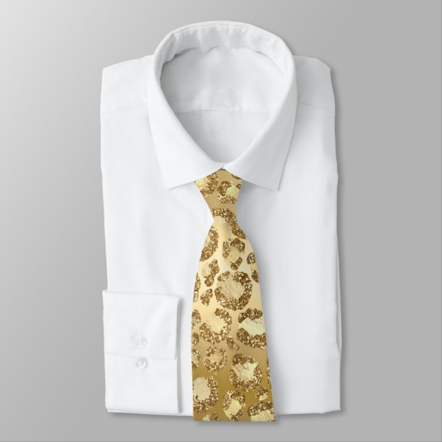 Gold Glitzer Party Leopard Print Neck Tie Krawatte (Gebunden)