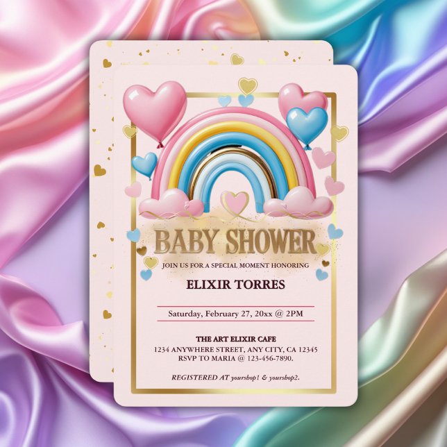 Gold Glitzer Pastel Hearts und Rainbow Baby Dusche Einladung (Von Creator hochgeladen)