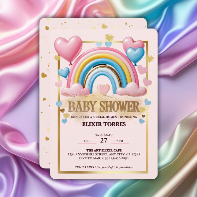 Gold Glitzer Pastel Hearts und Rainbow Baby Dusche Einladung (Von Creator hochgeladen)