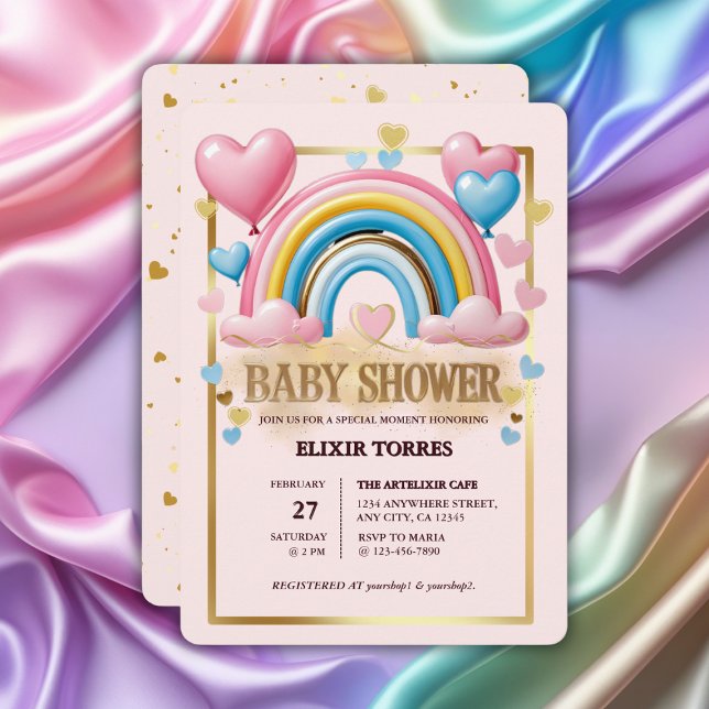 Gold Glitzer Pastel Hearts und Rainbow Baby Dusche Einladung (Von Creator hochgeladen)