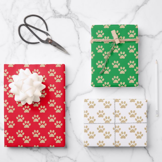 Gold Glitzer Paw Prints Pet Liebhaber Urlaub Geschenkpapier Set (Vorderseite)