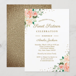 Gold Glitzer Peach Floral 16 . Geburtstag Einladun Einladung