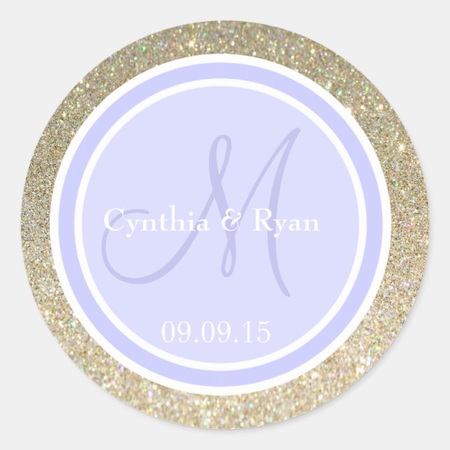 Gold Glitzer & Periwinkle Wedding Monogram Runder Aufkleber (Vorderseite)