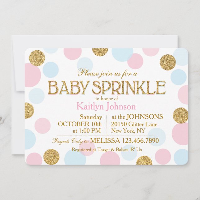 Gold Glitzer Pink Baby Blue Dots Baby Sprinkle Einladung (Vorderseite)