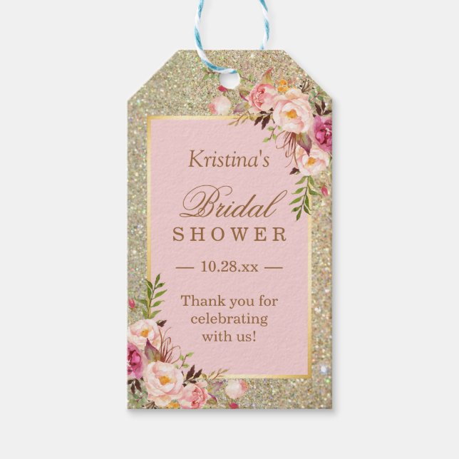 Gold Glitzer Pink Floral Brautparty Vielen Dank Geschenkanhänger (Vorderseite)