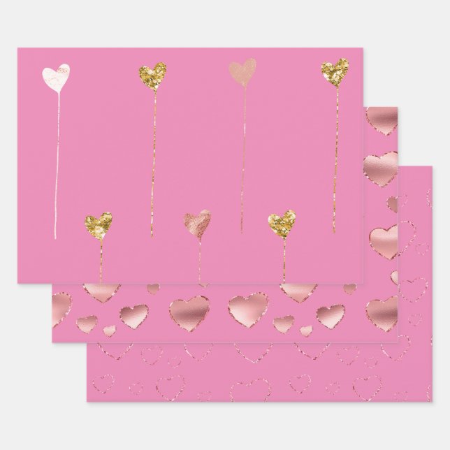 Gold Glitzer Pink Glam Herz-Streicher Geschenkpapier Set (Set)