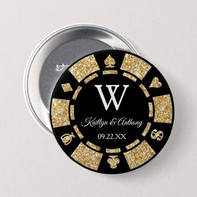 Gold Glitzer Poker Chip Casino Hochzeitsfeier Gefa Button (Vorne & Hinten)