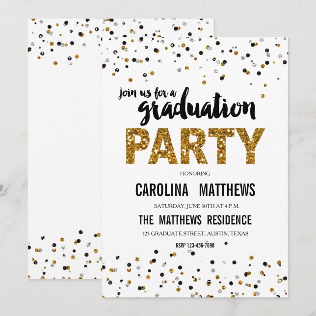 Gold Glitzer Polka Dot Graduation Party Einladung (Vorne/Hinten)
