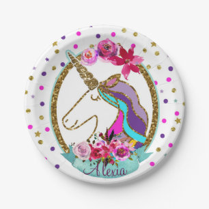 Gold Glitzer Polka Dots Unicorn Geburtstagsparty Pappteller