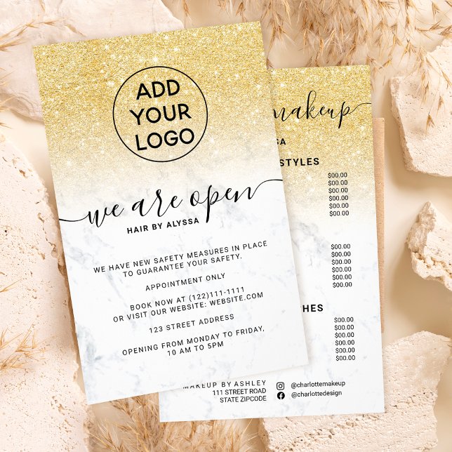 Gold Glitzer Preise Logo Chic Marmor Wir sind offe Flyer (Von Creator hochgeladen)