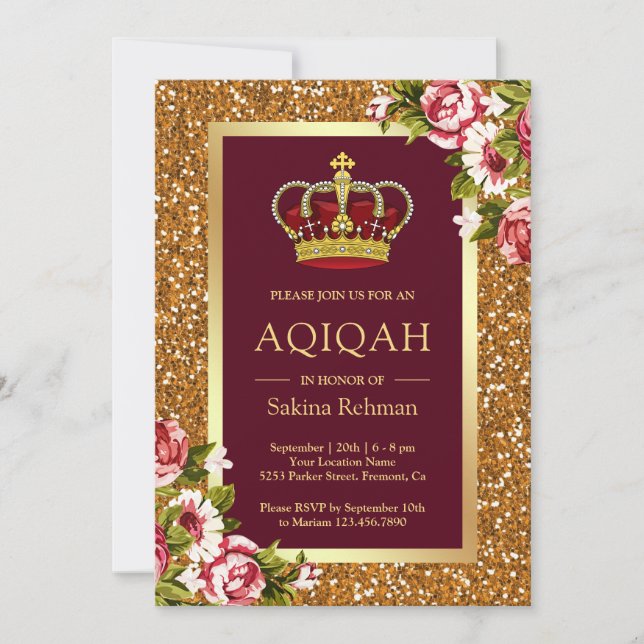 Gold Glitzer Princess Burgundy Floral Aqiqah Einladung (Vorderseite)