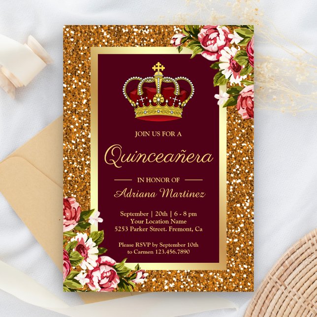 Gold Glitzer Princess Burgundy Floral Quinceanera Einladung (Von Creator hochgeladen)