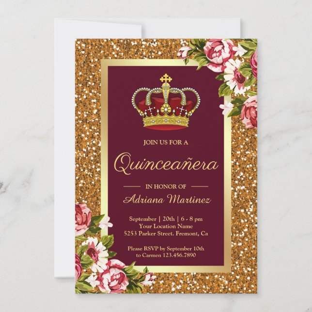 Gold Glitzer Princess Burgundy Floral Quinceanera Einladung (Vorderseite)