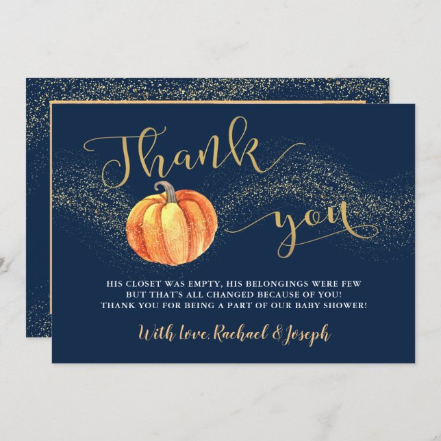 Gold Glitzer Pumpkin Navy Blue Foto Baby Dusche Dankeskarte (Vorne/Hinten)
