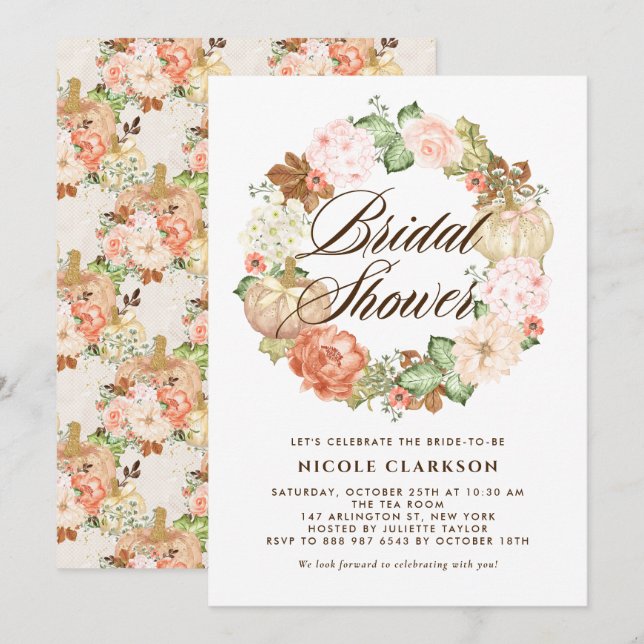 Gold Glitzer Pumpkins Wreath Fall Brautparty Einladung (Vorne/Hinten)