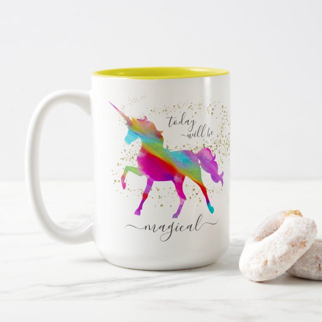 Gold Glitzer Rainbow Unicorn Heute wird magisch Zweifarbige Tasse (Mit Donut)
