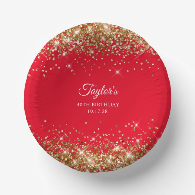 Gold Glitzer Red 40. Geburtstag Pappteller (Vorderseite)