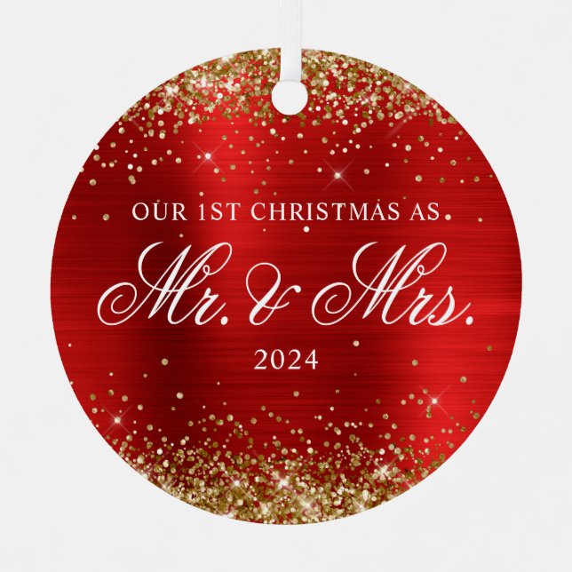 Gold Glitzer Red Foil Unser erstes Weihnachtsfest  Ornament Aus Metall (Vorderseite)