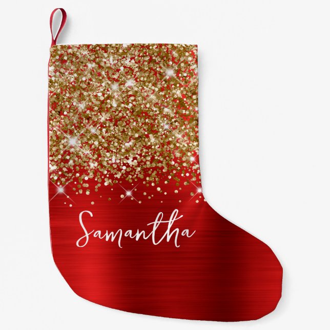 Gold Glitzer Red Glam Name Kleiner Weihnachtsstrumpf (Vorderseite)