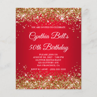 Gold Glitzer Red Gradient 50. Geburtstag Einladung Flyer