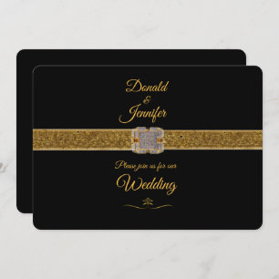 Gold Glitzer Ribbon & Diamond Brooch/Black Wedding Einladung