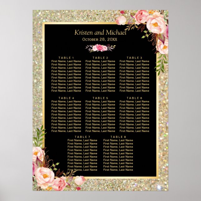 Gold Glitzer Rosa 8 Tische Sitzkarte Poster (Vorne)