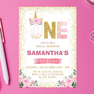 Gold Glitzer Rosa Blume Einhorn 1. Geburtstag Einladung