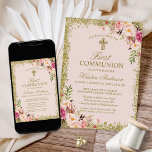 Gold Glitzer Rosa Blütenfarben Erste Kommune Einladung<br><div class="desc">Diese Gold Glitzer Blush Pink Floral First Communion Einladung ist der perfekte Weg, Ihre Lieben zu diesem besondere Anlass einzuladen. Mit einem wunderschönen blütenrosa Blumendesign und glänzenden goldenen Glitzer wird diese Einladung bestimmt das Set für eine Feier erwecken, die so schön wie bedeutsam ist. Diese Einladung kann einfach mit dem...</div>