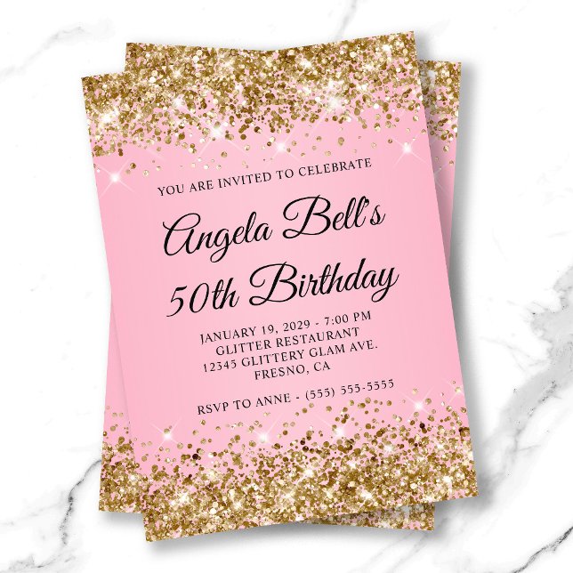 Gold Glitzer Rosa Extravagant Monogram 50. Geburts Einladung (Gold Glitter Pink Fancy Monogram 50th Birthday Invitation)