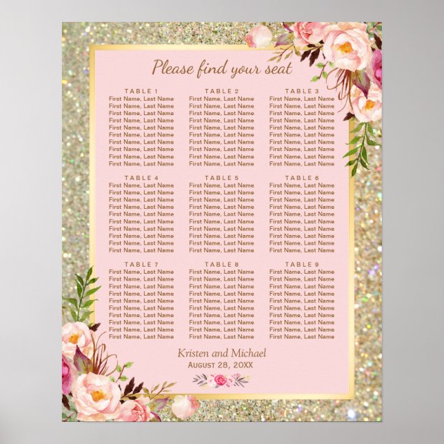 Gold Glitzer Rosa Flora 9 Tische Sitzkarte Poster (Vorne)