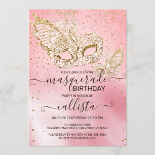 Gold Glitzer Rosa Seidenmasquerade Geburtstag Einladung