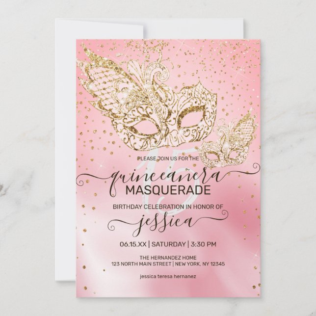 Gold Glitzer Rosa Seidenmasquerade Quinceañera Einladung (Vorderseite)