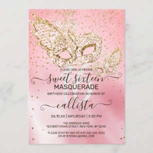 Gold Glitzer Rosa Seidenmasquerade Sweet 16 Einladung